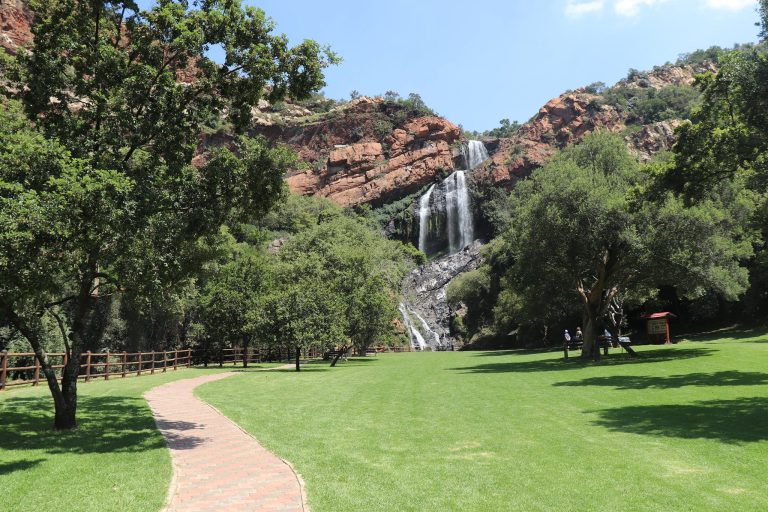 Waterfall on the cliffs above the lawns of the Walter Sisulu National Botanical Garden