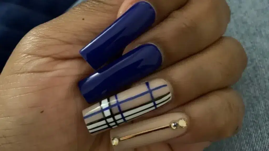 Navy Blue and plaid nails