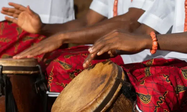 Close up hands playing African drums