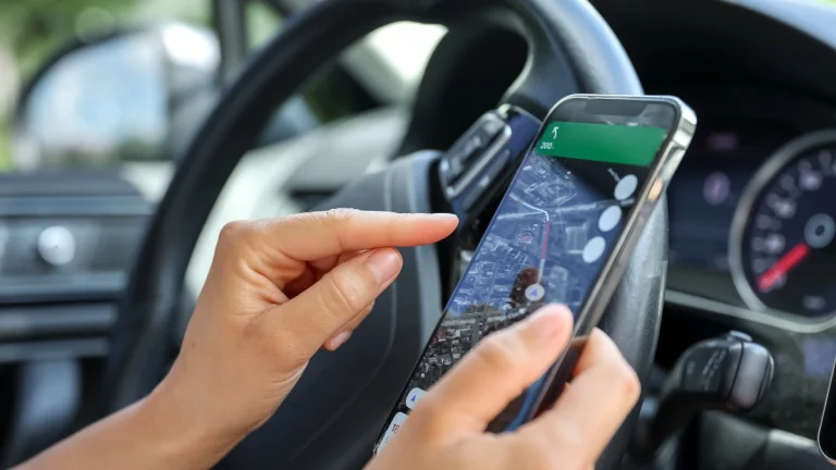 Female driver hand holding a phone with interface navigator on a screen
