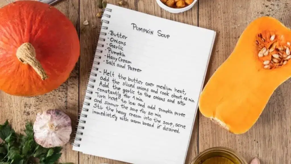 Handwritten recipe - Top view of food ingredients with notebook and pumpkin - Mother's Day Gift Idea