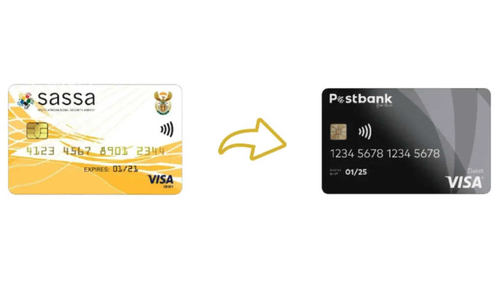 A diagrammatic photo graph of the old SASSA Gold Card with an arrow pointing to the new Postbank Black Card that will be used to receive social grant funds.