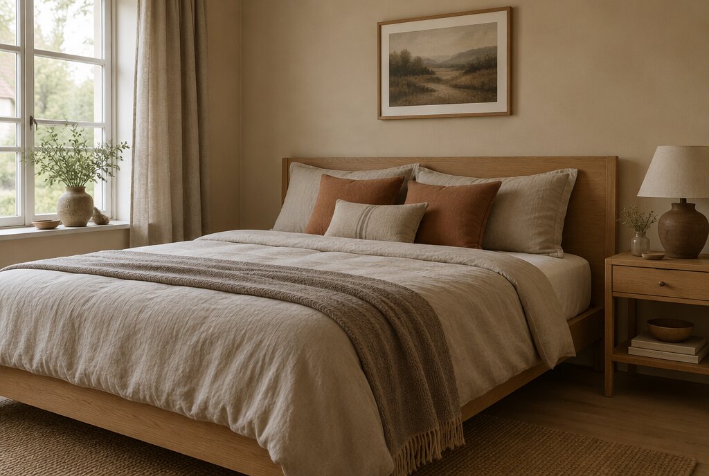 Bedroom with beige walls, linen bedding in sand and terracotta, and an oak bed and side table