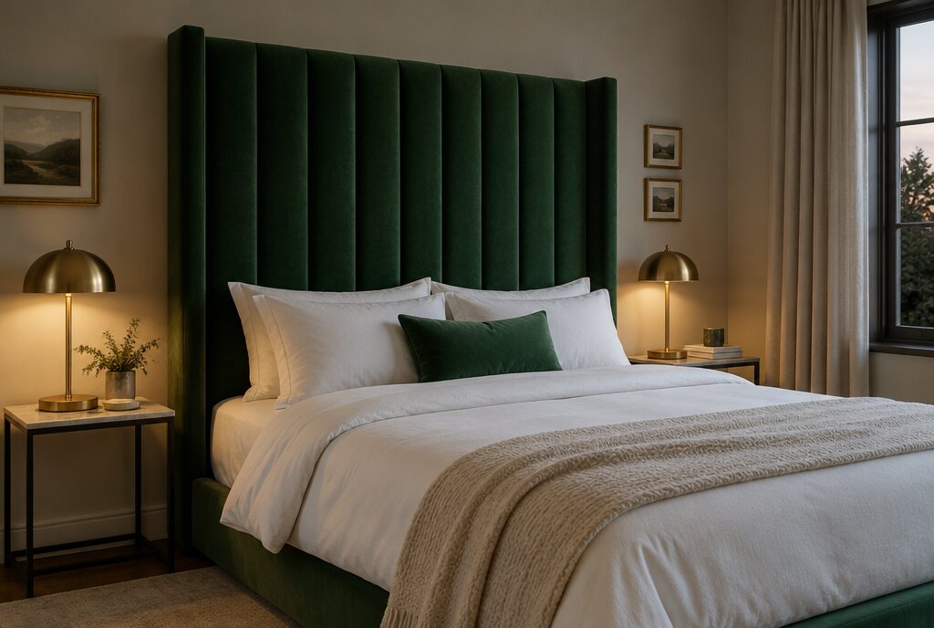 Bed with a tall dark green velvet headboard, white bedding and brass bedside lamps