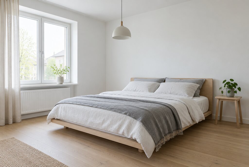 Minimal bedroom with white walls, a low light-wood bed, a grey throw and a pendant lamp