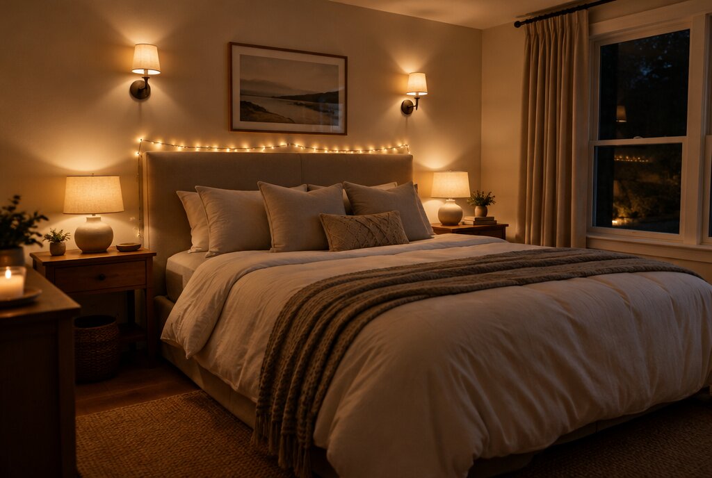 Bedroom at night lit by bedside lamps, wall lights and string lights above the headboard
