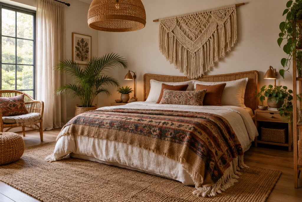 Boho bedroom with a rattan headboard, macramé wall hanging, patterned throw and plants