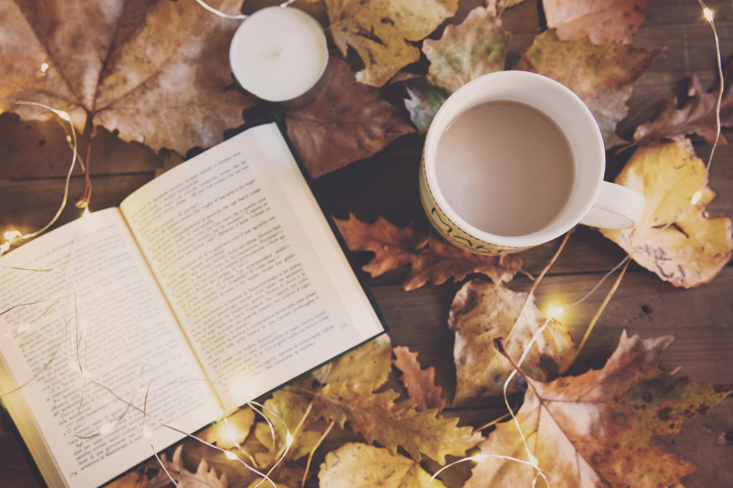 White Ceramic Mug And Book with Autumn leaves