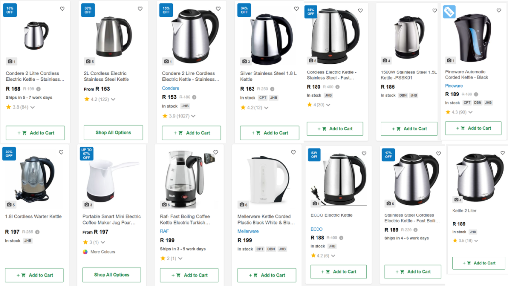 Takealot Kettles under R200 offering