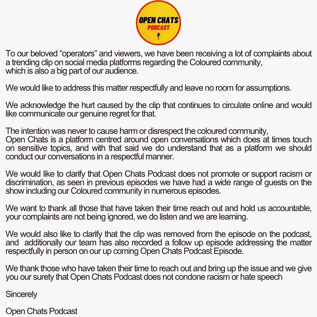 Open Chats podcast apology