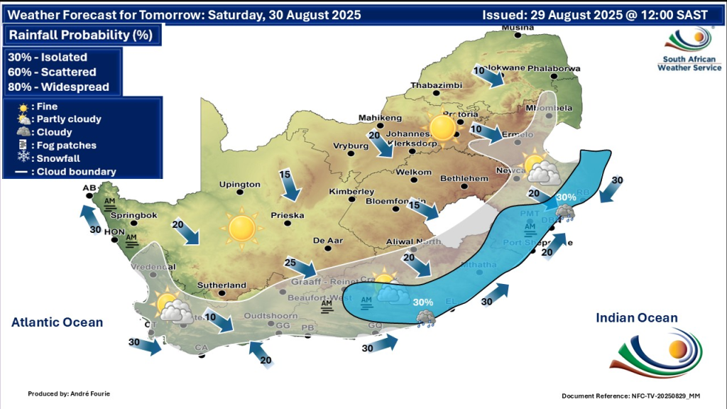 SA Weather Alert: Fine and Cool to Warm but Hot & Partly Cloudy with Light Rain and Showers for 30 & 31 August 2025