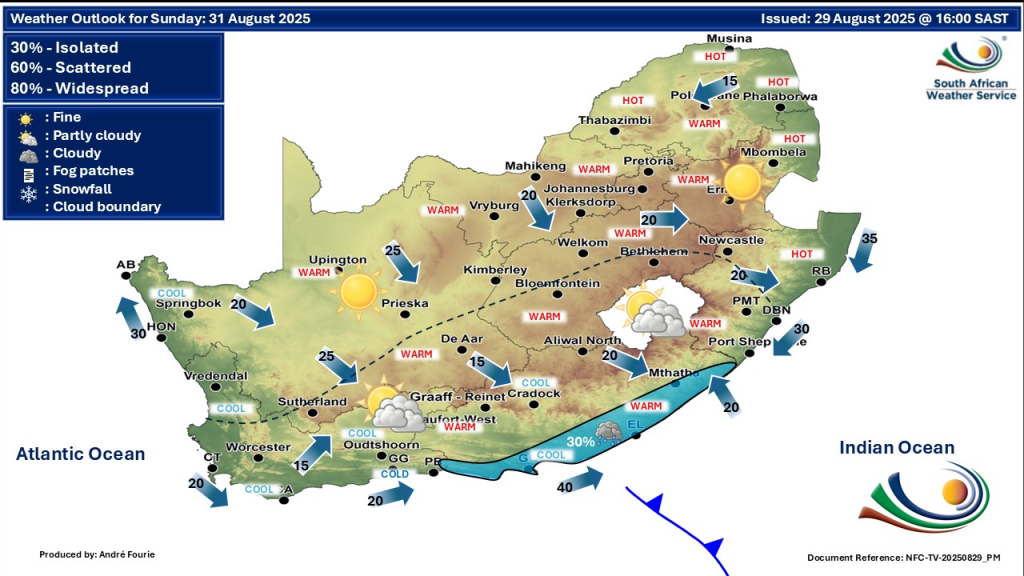 SA Weather Alert: Fine and Cool to Warm but Hot & Partly Cloudy with Light Rain and Showers for 30 & 31 August 2025