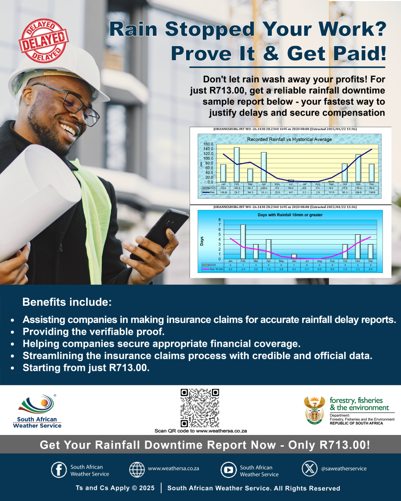 Don’t let rain wash away your profits! For just as little as R713.00, get a reliable Rainfall Downtime Report - your fastest way to justify delays and secure compensation