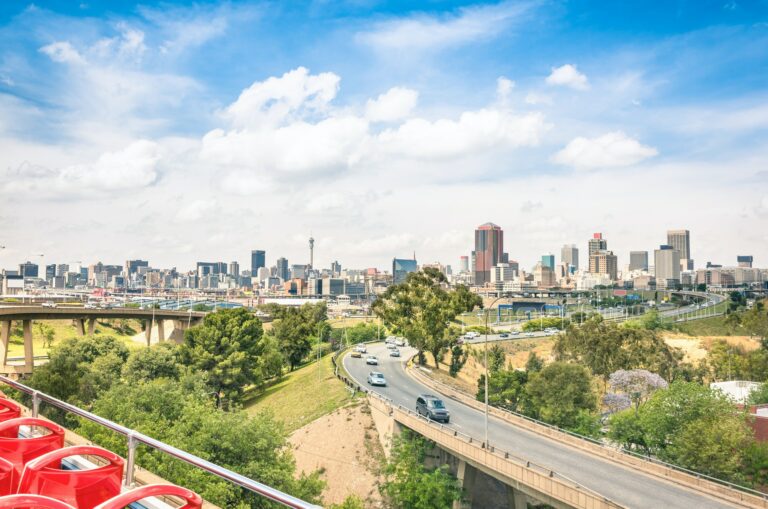 Wide angle view of Johannesburg skyline from the highways