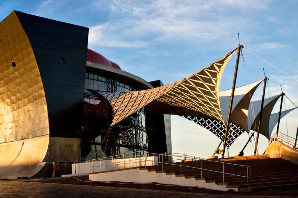 Exterior of Soweto Theatre, a modern architectural landmark in Soweto, Johannesburg