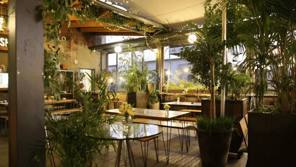 The interior of The Living Room bar in Johannesburg, showcasing tables and chairs surrounded by lush greenery and vibrant plants, creating a relaxed and tropical ambiance.