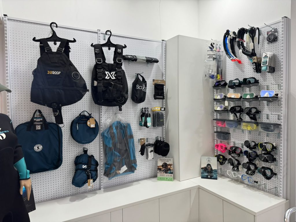 Dive BCDs, masks and snorkels on display at Scuba Evolution